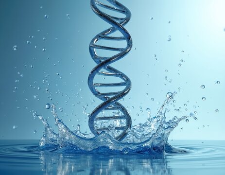 Metallic 3D DNA double helix structure interacts with clear blue water. Dynamic water splashes, many bubbles surround genetic material. Powerful image represents life science, biotechnology,