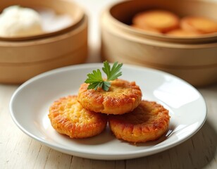 Close-up of pan-fried carrot cake served on white plate. Three round cakes garnished with parsley rest on wooden table. Traditional Asian cuisine dish presented in dim sum style, perfect for food