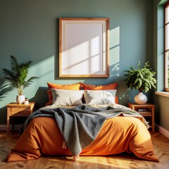 Serene Bedroom Interior: A sunlit, inviting bedroom with warm, earthy tones features a cozy bed with an orange duvet and pillows, complemented by wooden bedside tables, lush plants.