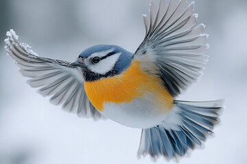 Gray blue winter bird with yellow belly flying close up through snowy forest creating dynamic cold seasonal wildlife scene in motion