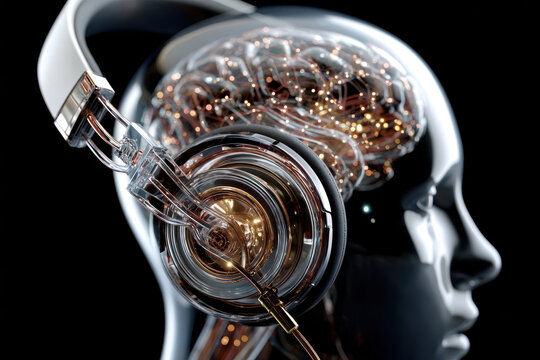 Human brain connected to headphones symbolizes the fusion of technology and music