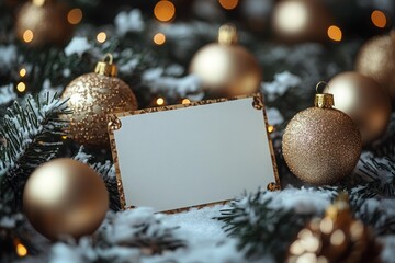 Blank retro card placed between evergreen Christmas branches and golden ornaments creating vintage festive layout with warm holiday atmosphere