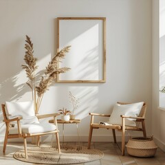 Serene Interior Decor: A minimalist living space, furnished with wooden elements and natural textures, creating a calming ambiance perfect for relaxation. 
