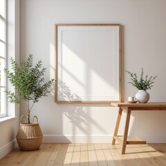 Serene Interior: A blank framed art piece hangs on a wall, complemented by natural sunlight and botanical decorations, creates a clean, peaceful atmosphere for creative space.