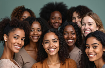 Group of diverse happy multiethnic women stand together. Girls smile look at camera, celebrate International Womens Day. Females show power, pride, support and equality in studio.