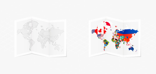 Obraz premium Folded world map in two versions: one with national flags and one as a blank outline