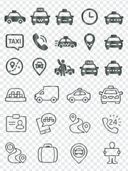 Taxi and Transportation Services Line Icons Set, Featuring Cars, Location Pins, Routes, and 24/7 Service Symbols