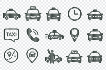 Naklejka premium Taxi and Transportation Services Line Icons Set, Featuring Cars, Location Pins, Routes, and 24/7 Service Symbols
