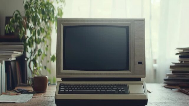 Video An old computer sits on a wooden table, details not specified
