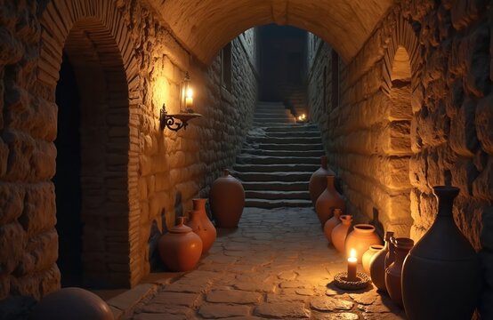 Ancient stone corridor with arched ceiling and rough walls. Terracotta pots line the walkway leading to stairs. Candles cast dim, flickering light creating eerie shadows in the passage. - Powered by Adobe