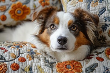 Border Collie resting wrapped in handmade blanket embroidered with orange floral patterns cozy warm scene soft domestic atmosphere peaceful pet