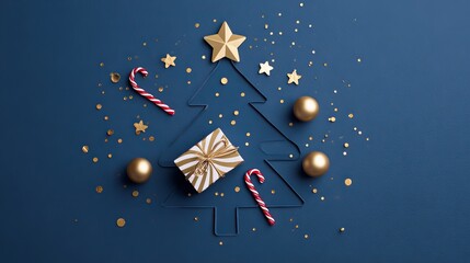 Minimalist christmas tree made of paper cutouts with a gift box, golden stars, and a candy cane on a blue background.