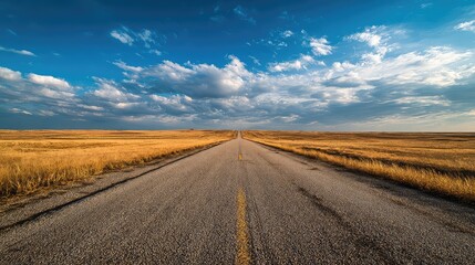 Embark on a scenic road trip across golden fields under a vibrant blue sky, perfect for travel blogs, adventure promotions and freedom-themed campaigns, inspiring wanderlust