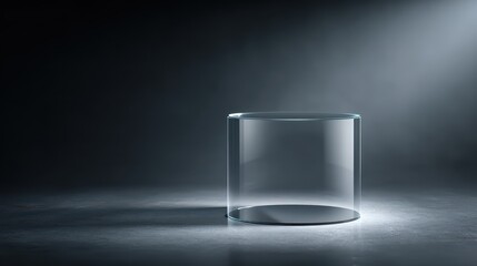 Minimalist Transparent Cylindrical Display Pedestal Illuminated by Dramatic Spotlight in Dark Studio.