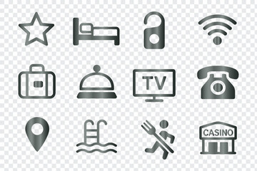 Fototapeta premium Modern vector icons for hotel services, hospitality amenities, travel, and entertainment