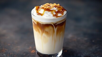 Delicious iced caramel macchiato coffee drink topped with whipped cream and crunchy topping in a glass