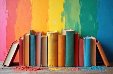 Colorful books lined up against a vibrant rainbow painted background. They rest on a wooden surface with scattered colored powders, suggesting creativity and learning.