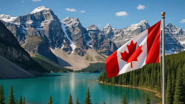A scenic video concept featuring a low-angle view of a Canadian flag with majestic mountains and a serene lake in the background, capturing natural beauty. Live desktop wallpaper.