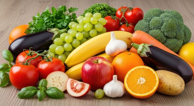 Fresh, vibrant produce offers healthy eating with apples, bananas, oranges, and vegetables.