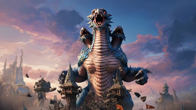 Colossal fantasy dragon monster, creature engaging in a massive epic battle against an advancing army of small warriors, with a grand magical city backdrop under a vibrant sky