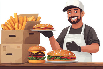 Man holding freshly prepared takeaway food burger and fried potato with packed delivery bag beside him showing professional service concept in bright modern setting