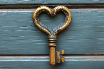 Heart-shaped key lying on blue wooden surface symbolizing love Valentine’s Day romantic concept intimate cozy warm affectionate decorative scene