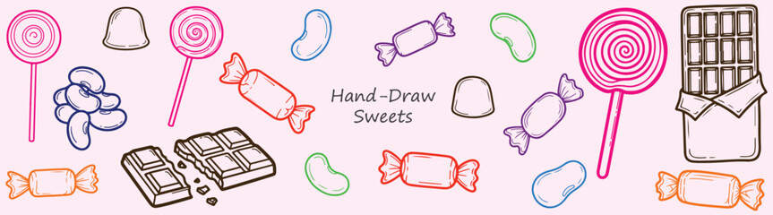 Colorful Candy Drawing Lollipops Chocolate Bars Jelly Beans and Wrapped Sweets Illustration for Confectionery Design and