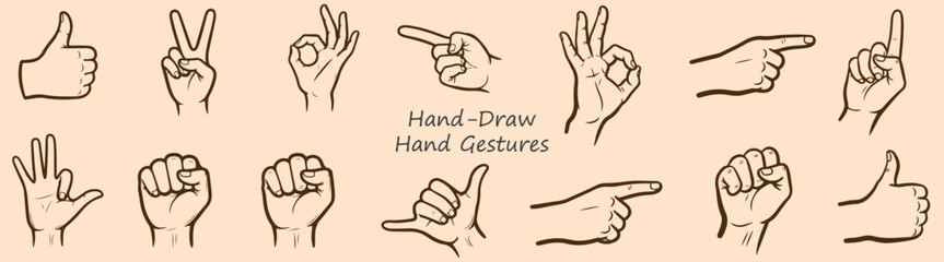 Vector Hand Gestures Collection Thumbs Up Peace OK Pointing Fingers Fist Illustration Set Graphic Design Elements