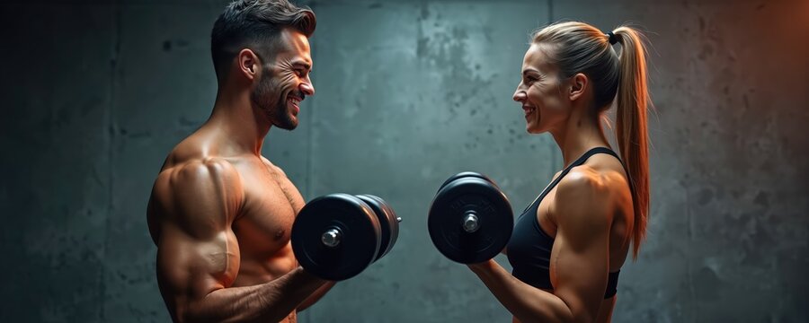 Athletic man and woman lift dumbbells, train together. Fitness concept shows muscle workout. Couple smiles, enjoys health, fitness training in gym. Fit couple work out with weights together.