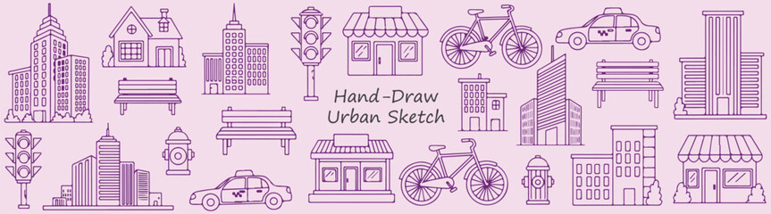 Charming Urban Doodles Hand Drawn Cityscape Sketch with Buildings Bicycles Taxis Parks for Creative Projects City