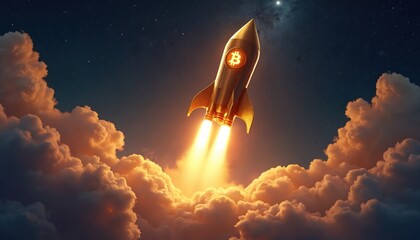 Bitcoin rocket soars through cloudy night sky. Crypto currency takes off showing digital finance rising. Futuristic rocketship with flames economic growth, innovative tech in cosmos startup.