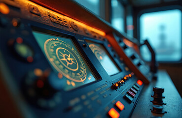 Ship bridge control panel with glowing navigation screens. Digital compass, instruments light up modern boat cockpit. Tech display for vessel operation, maritime travel. Crew monitors data at sea for