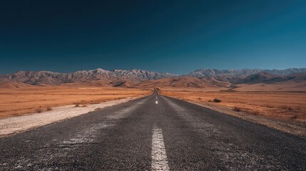 Dramatic desert highway stretching to majestic mountains under vast blue sky, offering adventure and escape for travel blogs and scenic road trip promotions, inspiring wanderlust