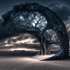 Fototapeta premium ancient yggdrasil tree of life in norse mythology, mythical world tree yggdrasil with cosmic branches, norse legend yggdrasil connecting earth and heavens