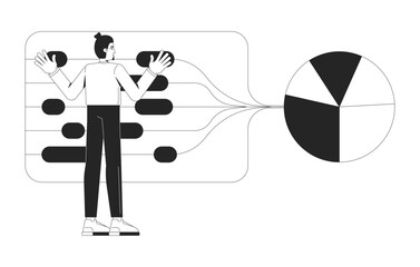 Sorting big data visualization line illustration concept. Categorizing process. Pie chart analysis. Analytics workflow. Statistician outline 2D character isolated. Ink linear metaphor vector art