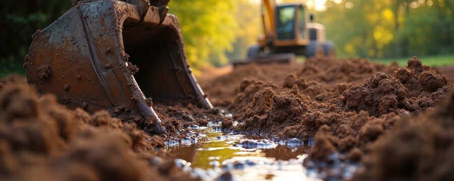 Excavator digs soil on field. Heavy machinery leaks fluid polluting ground. Damaged hydraulic hose causes contamination at site. Equipment breakdown pollutes enviroment. Repair needed after incident