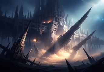 A futuristic cityscape at night, with towering, spire-like structures illuminated by warm, golden lights