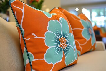 Orange pillow with blue flower resting on beige sofa in modern interior cozy stylish home decor bright colorful living room scene