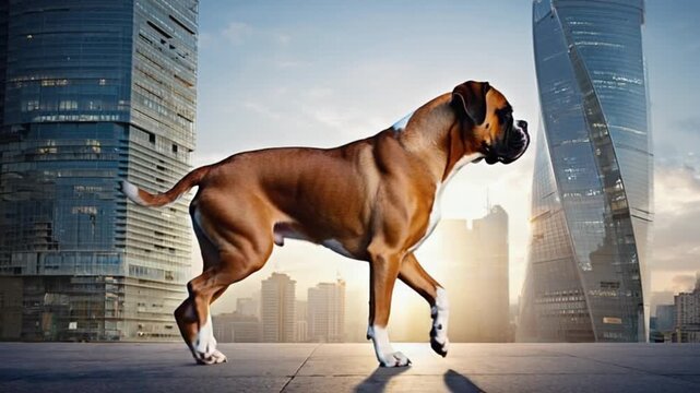 Boxer dog standing tall against a backdrop of modern skyscrapers and a bright sunny sky above dog video