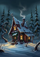 Fototapeta premium A cozy wooden cabin with a steep, snow-covered roof, nestled in a dense forest during a winter night