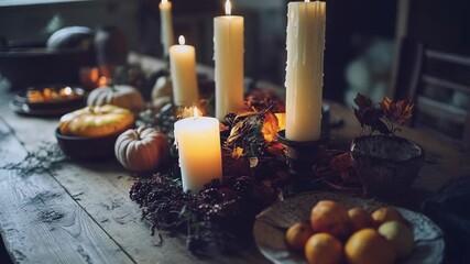 Video A wooden table set with candles and fruit, perfect for a dinner party or special occasion