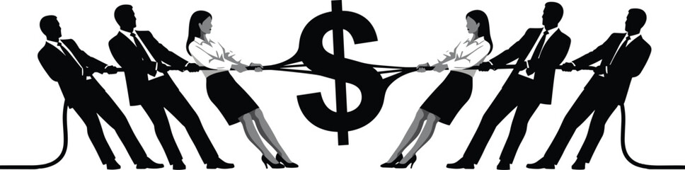 Business team pulling rope in financial tug of war, competition over money, struggle for profit, corporate conflict illustration with dollar symbol