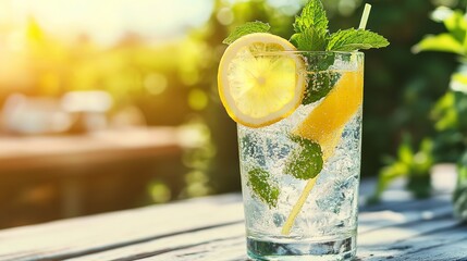 Refreshing glass of mojito or lemonade with lemon slice and mint garnish on sunny outdoor wooden table