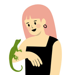 Illustration of Woman with Pink Hair and Lizard