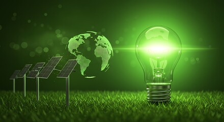 Glowing Light Bulb and Solar Panels with Digital Earth on Green Grass