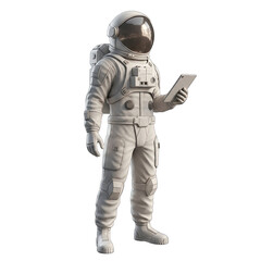 Fototapeta premium Astronaut in White Suit Holding a Tablet Computer on a Transparent Background Ready for Space Exploration and Scientific Research with Natural Lighting