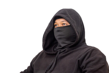 Naklejka premium Mysterious Figure in Black Hood Concealed Identity and Anonymous Presence, Cloaked in Shadowy Attire