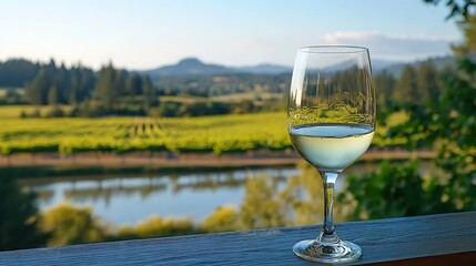 Obraz premium Glass of white wine resting on a wooden railing overlooking a scenic vineyard and river landscape at sunset