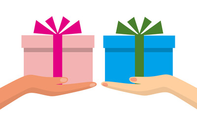 Hand Holding Cute Present Box with Ribbon Illustration