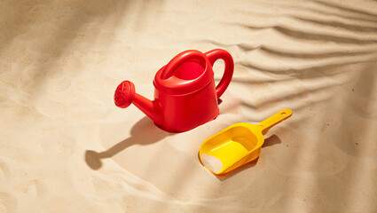 Bright red watering can and yellow scoop resting on sandy beach at midday